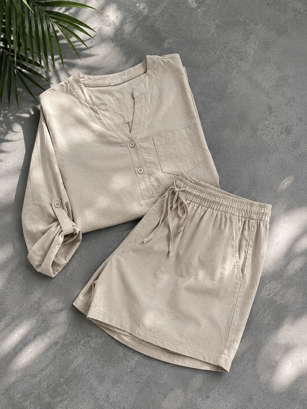 Notched Long Sleeve Top and Shorts Set