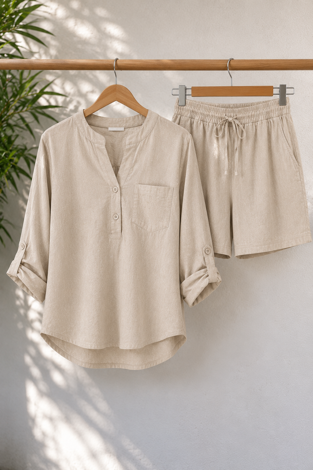 Notched Long Sleeve Top and Shorts Set