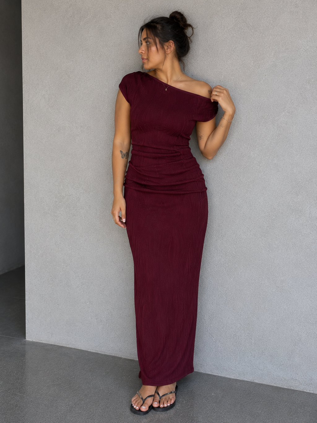 One-Shoulder Textured Maxi Dress
